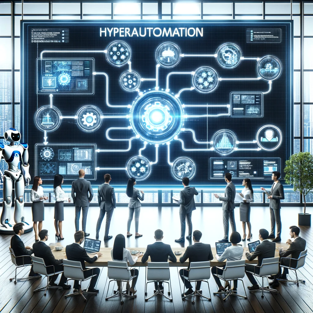 Photo of a futuristic office setting where robots and humans work collaboratively. A large screen displays a flowchart with the title 'Hyperautomation