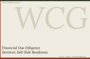 World Consulting Group branding hero with a pale WCG watermark and the slogan 'Financial Due Diligence Services: Sell-Side Readiness' on beige background.
