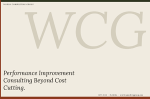 Branding image for World Consulting Group: large beige 'WCG' watermark on a light background with an italic slogan and small footer text.