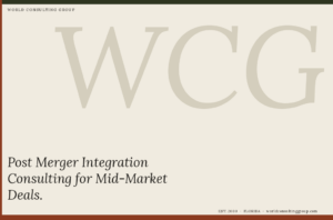 World Consulting Group hero with a large WCG watermark on beige and the slogan 'Post Merger Integration Consulting for Mid-Market Deals'.