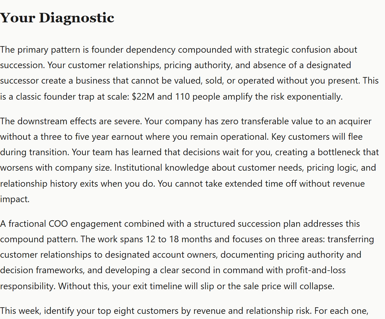 Diagnostic result returned by the free business diagnostic tool