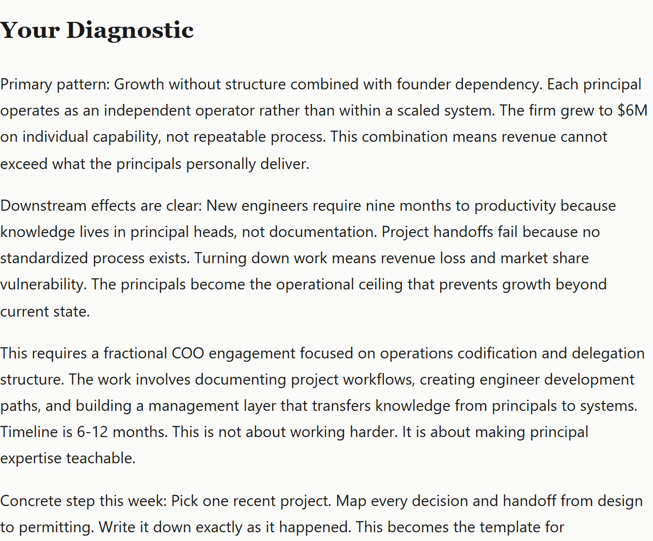 Diagnostic result returned by the free business diagnostic tool